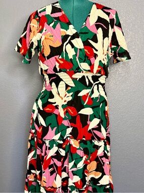 Alex & Parker Floral Midi Dress L Black Multi V Neck Tiered Boho